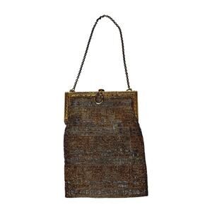 Antique 1900s French Micro-Steel Seed Bead Purse Gold Toned Metal Frame AS IS